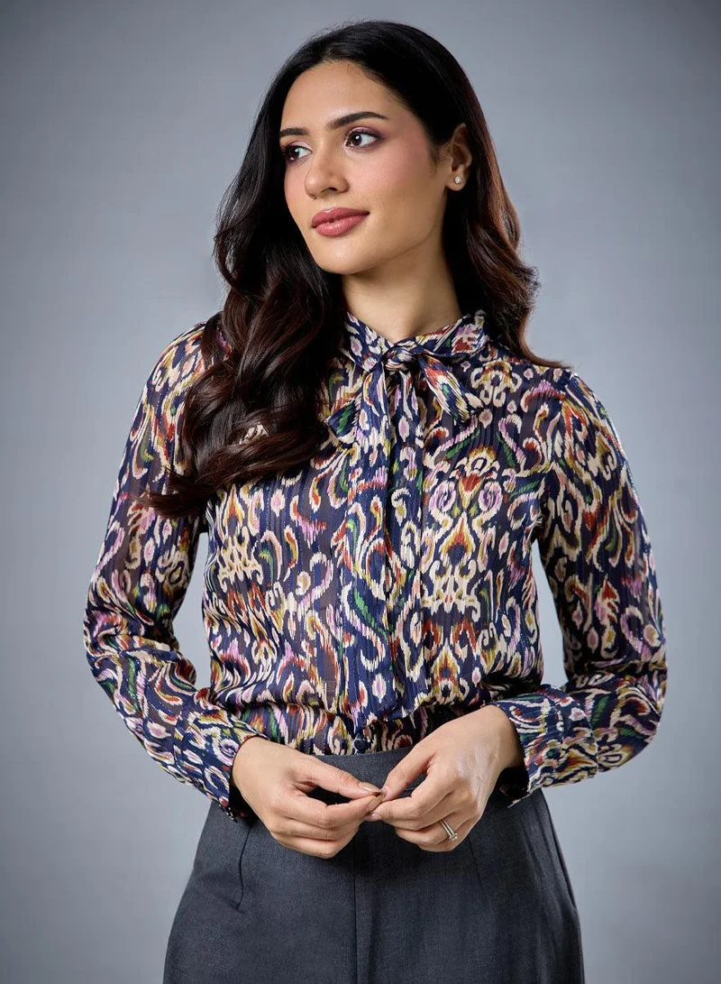 Zigzag Neck Tie Long Sleeve Blue Top